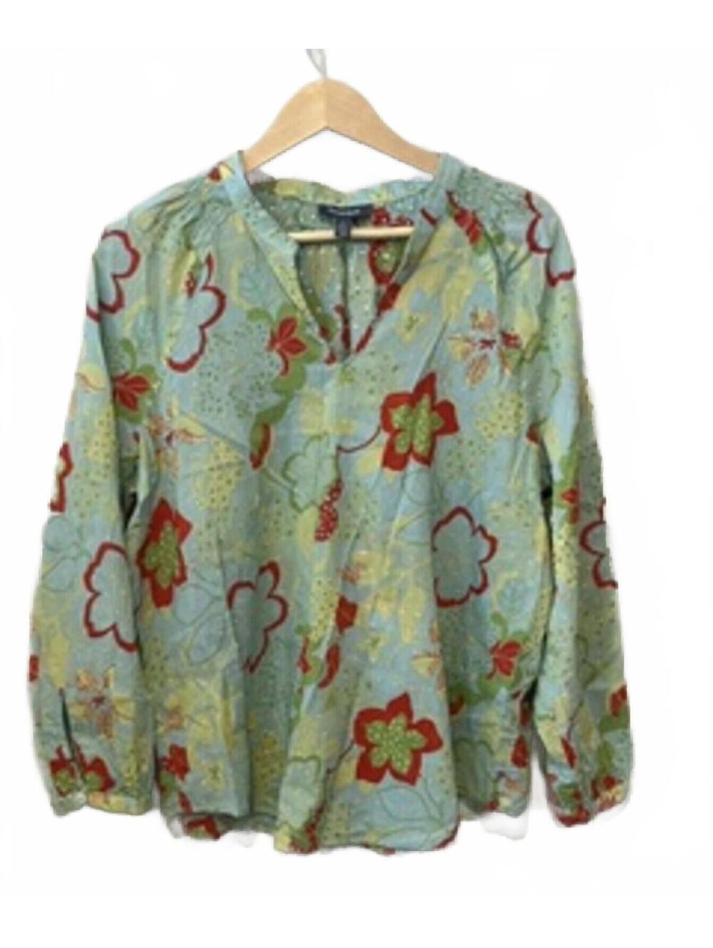 ModCloth Cotton Floral Blouse Green Sheer Pintuck 3/4 Sleeve Large L